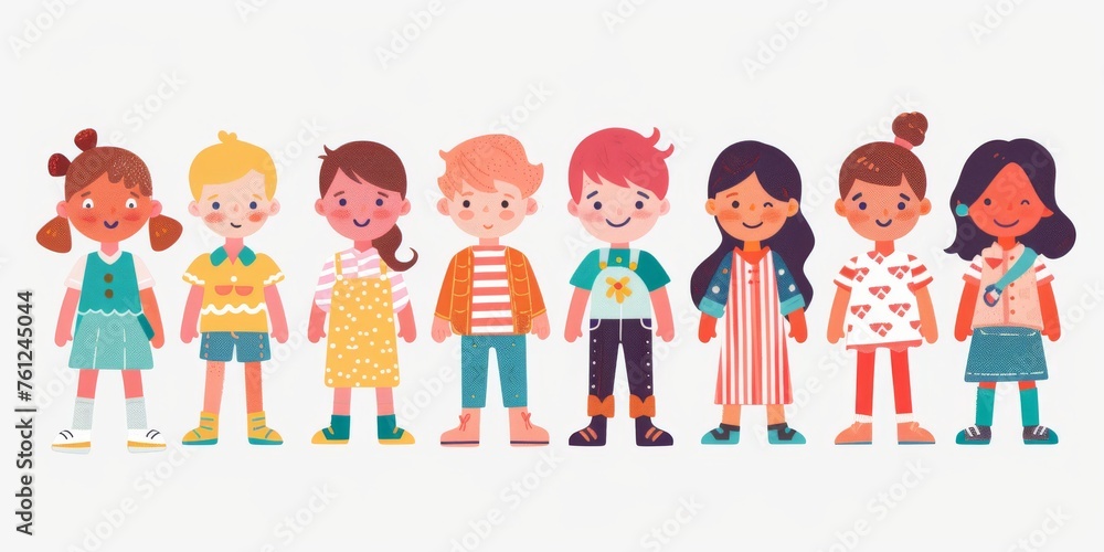 Fototapeta premium Variety of cartoon vector children in colorful outfits. A diverse group of cartoon children standing in row wearing various colorful outfits representing different styles and personalities 