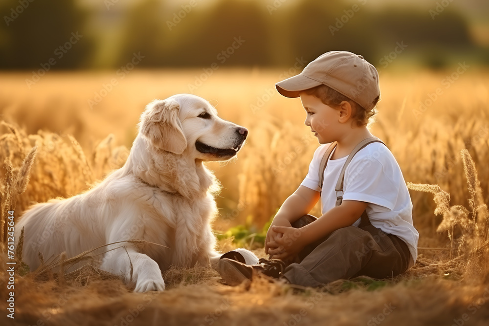 Portrait of lovely kid playing outdoor with pet dog. Little boy and his dog in the meadow Portrait of lovely kid playing outdoor with pet dog. Little boy and his dog in the meadow