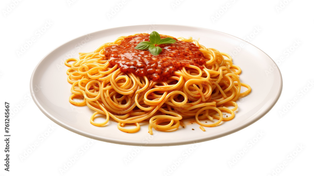 White plate filled with spaghetti noodles covered in savory tomato sauce White plate filled with spaghetti noodles covered in savory tomato sauce