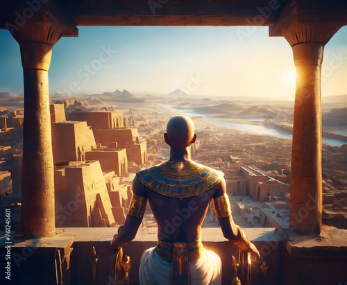 Egyptian pharaoh meditating in the balcony of his palace while he witnesses the greatness of his civilization. photo