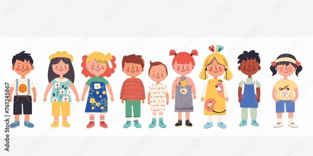 Variety of cartoon vector children in colorful outfits. A diverse group of cartoon children standing in row wearing various colorful outfits representing different styles and personalities 