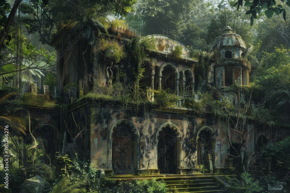 Abandoned Palace in Jungle, Vintage Painting, Ruined Hotel in Deep Forest