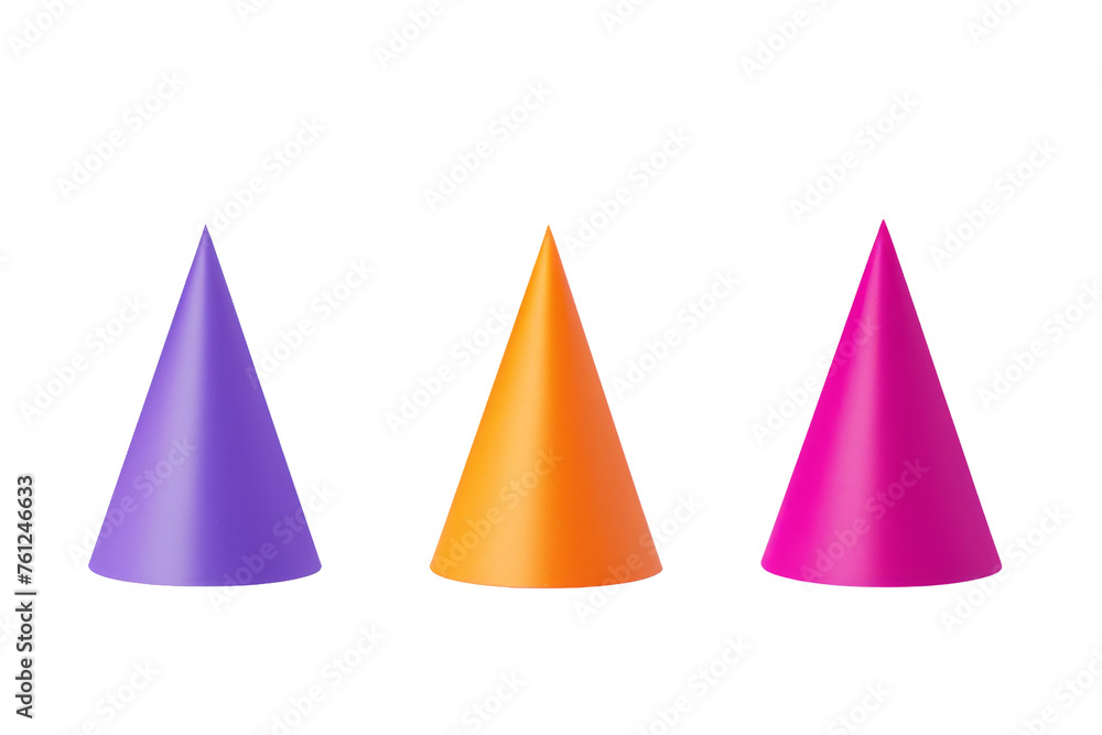 Three Different Colored Cones on a White Background. On a Transparent Background. Three Different Colored Cones on a White Background. On a Transparent Background.