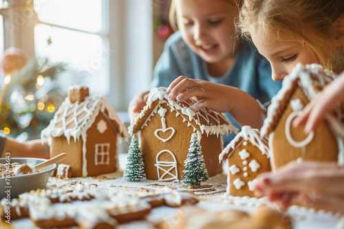 Family making gingerbread houses together during the holidays. photo