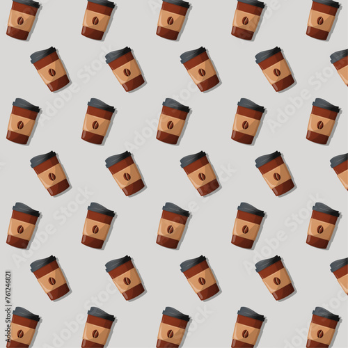 A pattern of coffee cups with a brown lid and a white handle