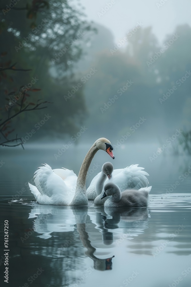 Fototapeta premium Professional Photography of a Serene Pond Inhabited by a Family of Graceful Swans, Generative AI