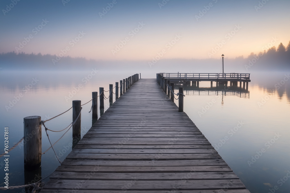 Wooden pier at a misty dawn in a quiet sea - obrazy, fototapety, plakaty 