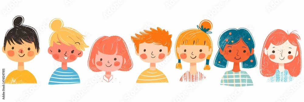 Variety of cartoon vector children in colorful outfits. A diverse group of cartoon children standing in row wearing various colorful outfits representing different styles and personalities 