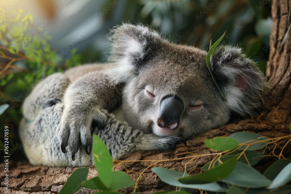 Obraz premium Professional Photography of a Sleepy Koala Nestled in the Crook of a Eucalyptus Tree, Generative AI