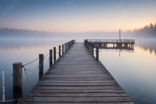 Wooden pier at a misty dawn in a quiet sea