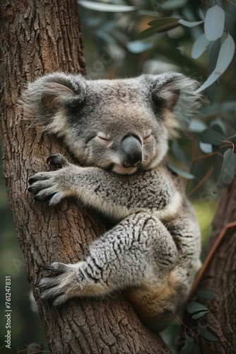 Professional Photography of a Sleepy Koala Nestled in the Crook of a Eucalyptus Tree, Generative AI