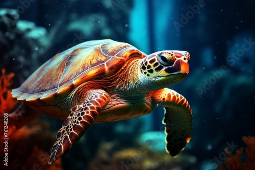 Majestic sea turtle gliding through vibrant underwater world with coral reefs and marine life