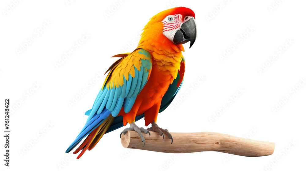 A colorful parrot sits gracefully on top of a textured wooden branch, displaying its vibrant feathers