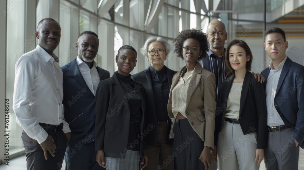 Diverse group of professionals posing confidently as a unified team in a bright corporate setting. Diverse group of professionals posing confidently as a unified team in a bright corporate setting.