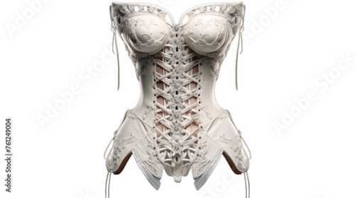 A woman confidently wears a white corset with intricate laces, exuding elegance and grace
