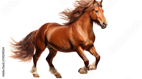 A majestic brown horse is galloping gracefully against a blank white backdrop