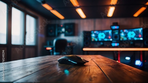 Empty wooden table with beautiful gamer room background, photorealistic