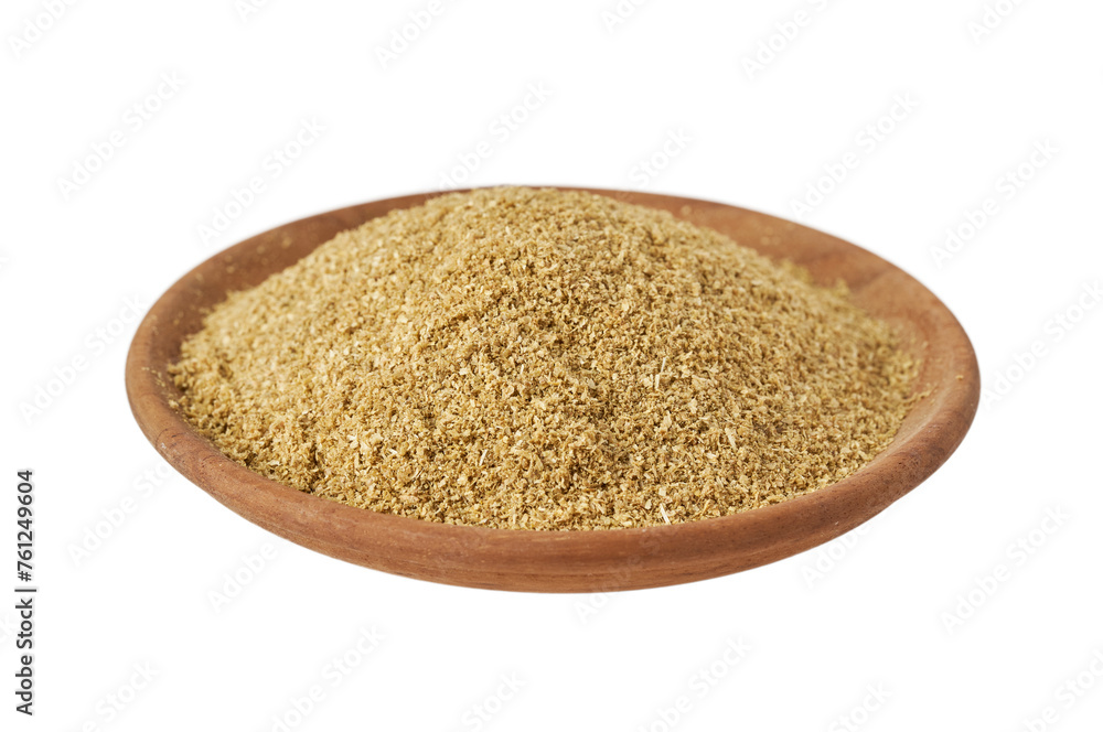 pile of ground coriander seed isolated on white in wood bowl pile of ground coriander seed isolated on white in wood bowl