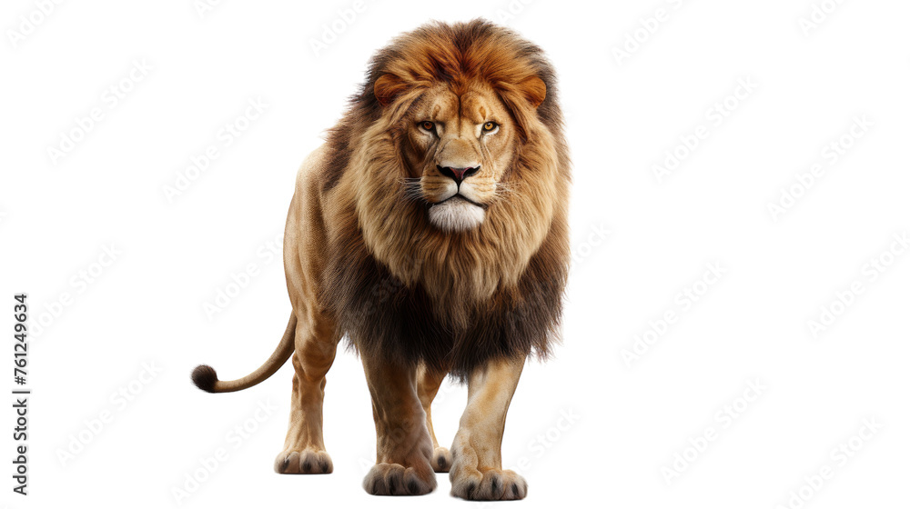 A powerful lion stands confidently on a pristine white background A powerful lion stands confidently on a pristine white background