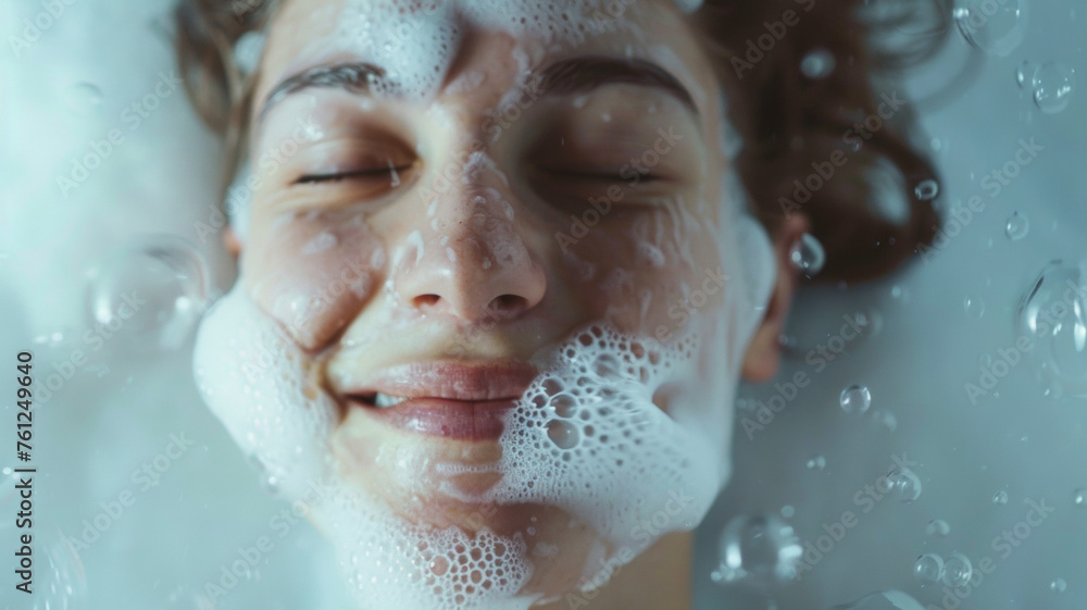 A person reveling in the sensation of soap suds on their face, closed eyes smiling. A person reveling in the sensation of soap suds on their face, closed eyes smiling.