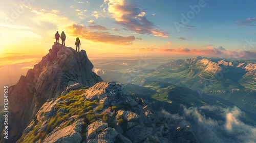 A group of tourists at the top of the mountain against the background of sunset. Adventure and hiking. The concept of freedom, extreme recreation and travel
