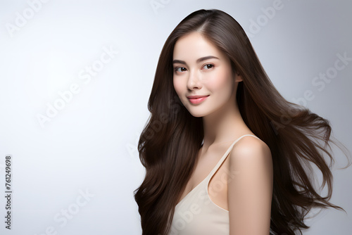 Healthy and beautiful hair girl model in white background with copy space photo