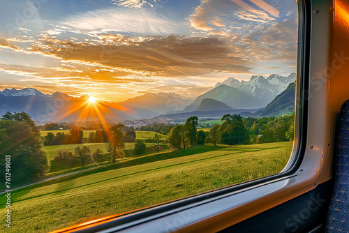 Summer sunset on the background of magnificent mountains from the train window. Traveling by train. Returning home. Summer holidays and adventures © olga