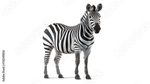 A zebra stands gracefully on a white floor  showcasing its unique black and white stripes