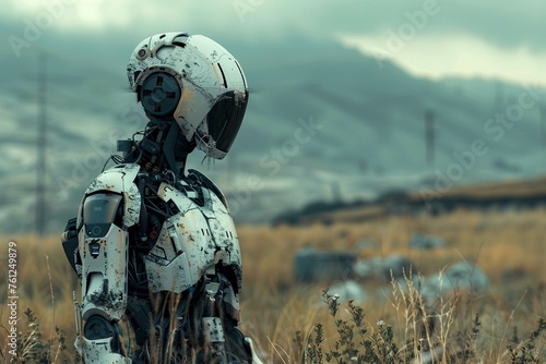 Amidst the ruins of a crumbling civilization, a lone android stands sentinel, its metallic form a stark contrast against the desolation of its surroundings. An illustration of artificial life amidst t