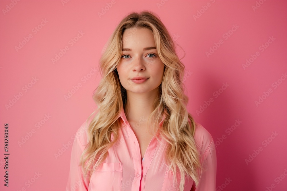 Young Woman in Pink Shirt Posing in front of color background looking at camera Young Woman in Pink Shirt Posing in front of color background looking at camera