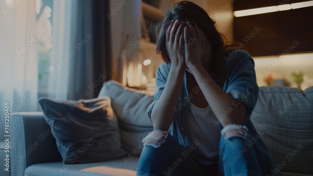 Obraz premium A distressed person covers their face, embodying a moment of vulnerability and emotional pain.