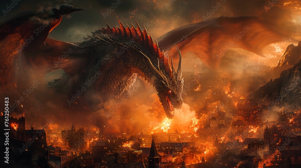 Fire-breathing dragon unleashing havoc on a medieval town during dusk, fantasy scene of destruction - obrazy, fototapety, plakaty 