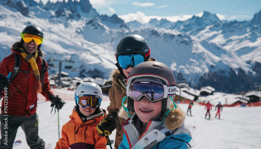 Happy family with two children in ski on the background of snowcovered mountains and skiers