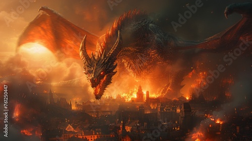 Fire-breathing dragon unleashing havoc on a medieval town during dusk, fantasy scene of destruction