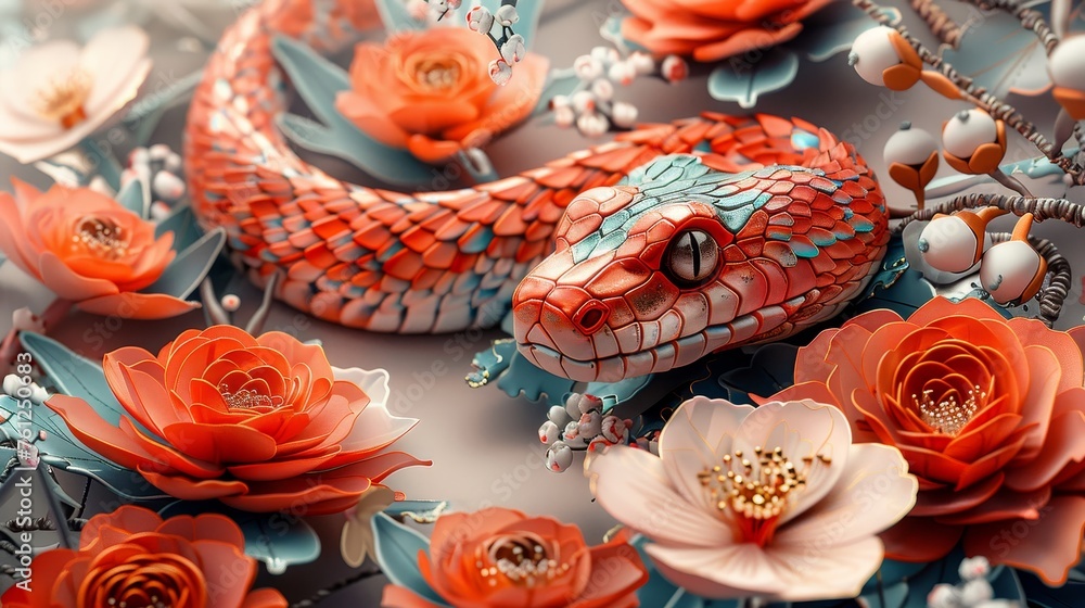 An illustration of a Chinese New Year 2025 in the year of the snake using traditional paper cut elements, flowers, lanterns and Asian elements on a color background.