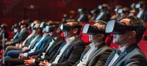 Photo of a business audience in an auditorium, each person wearing a VR headset. The sophisticated setting with plush red seats adds a formal touch to this innovative technology experience.