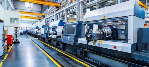 Modern factory interior with a row of CNC milling machines. The high-tech equipment is set in a clean, organized industrial space, reflecting precision and automation in manufacturing. © Maxim