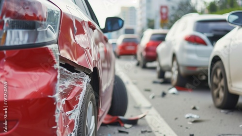 Close-up photo of a red car with significant damage to the side, depicting a car accident scene on a city street. Shattered glass and debris are visible on the road