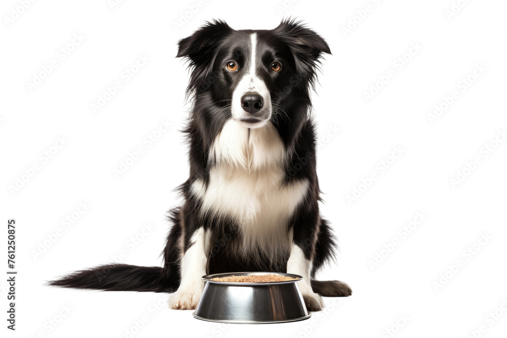 Black and White Dog Sitting Next to Bowl of Food. On a White or Clear Surface PNG Transparent Background.