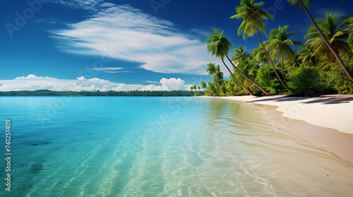 A beautiful exotic beach with palm trees  white sand and blue water. 