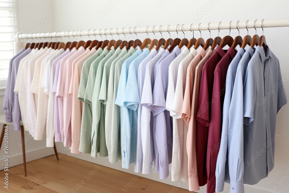 Pastel-colored shirts hanging on hangers against white wall in a cozy clothing store display