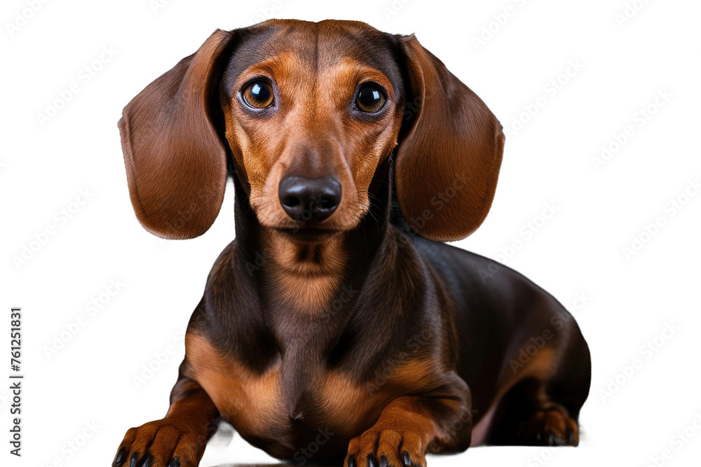 Brown and Black Dachshund Resting on White Surface. On a White or Clear Surface PNG Transparent Background. Brown and Black Dachshund Resting on White Surface. On a White or Clear Surface PNG Transparent Background.