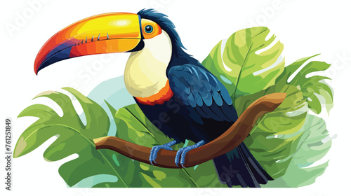 Toucan in the tropical leaves. Vector color illustration