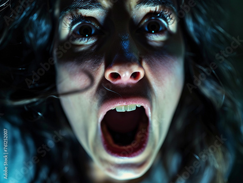 a close up of a screaming scared woman with open mouth 