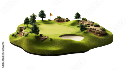 A charming miniature golf course set amidst lush trees and colorful flags photo