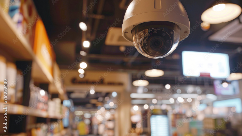Security camera monitoring a busy retail store from above.