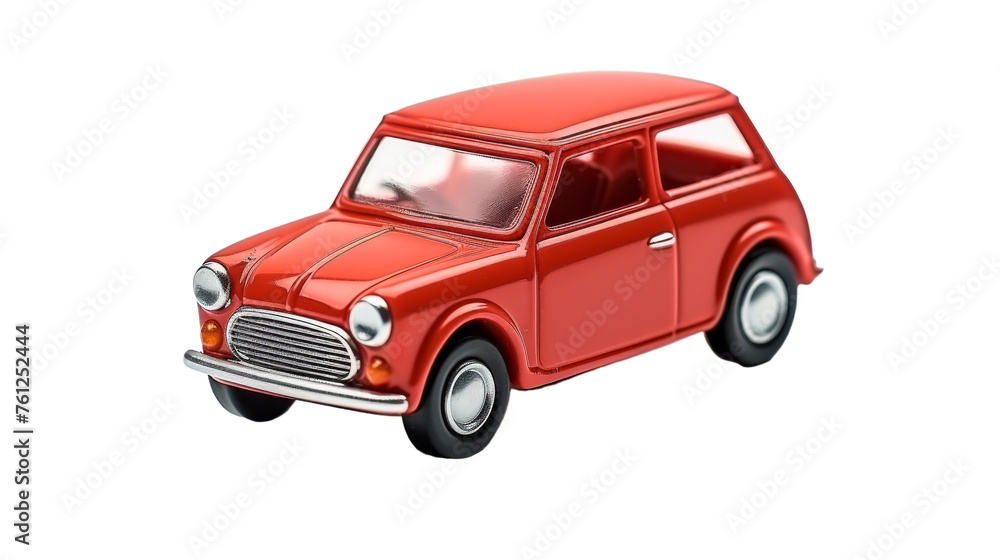 A vibrant red toy car stands out on a clean white background