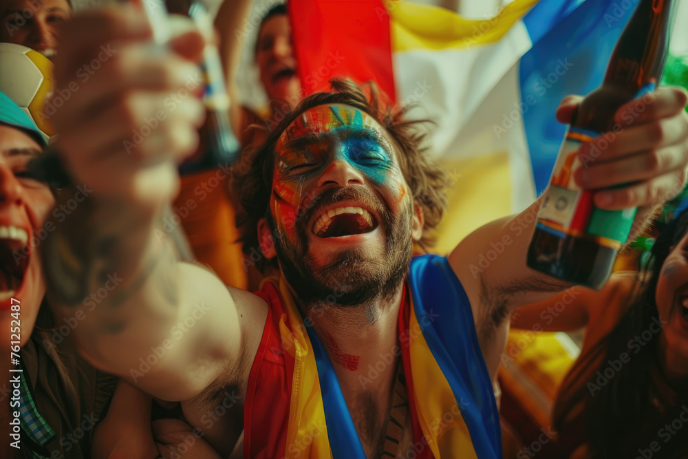 A group of happy friends were cheering for their football team, holding flags and playing with a soccer ball in the living room at home