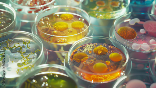 Colorful petri dishes showcasing a vibrant array of bacteria cultures in a lab.