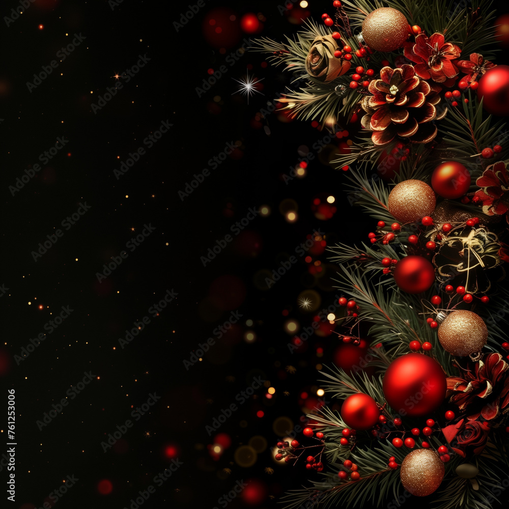 Christmas card with black background with a space for text. Christmas themed background with red and gold decorations, poinsettia flowers, holly leaves, pine branches, christmas balls, bokeh lights Christmas card with black background with a space for text. Christmas themed background with red and gold decorations, poinsettia flowers, holly leaves, pine branches, christmas balls, bokeh lights